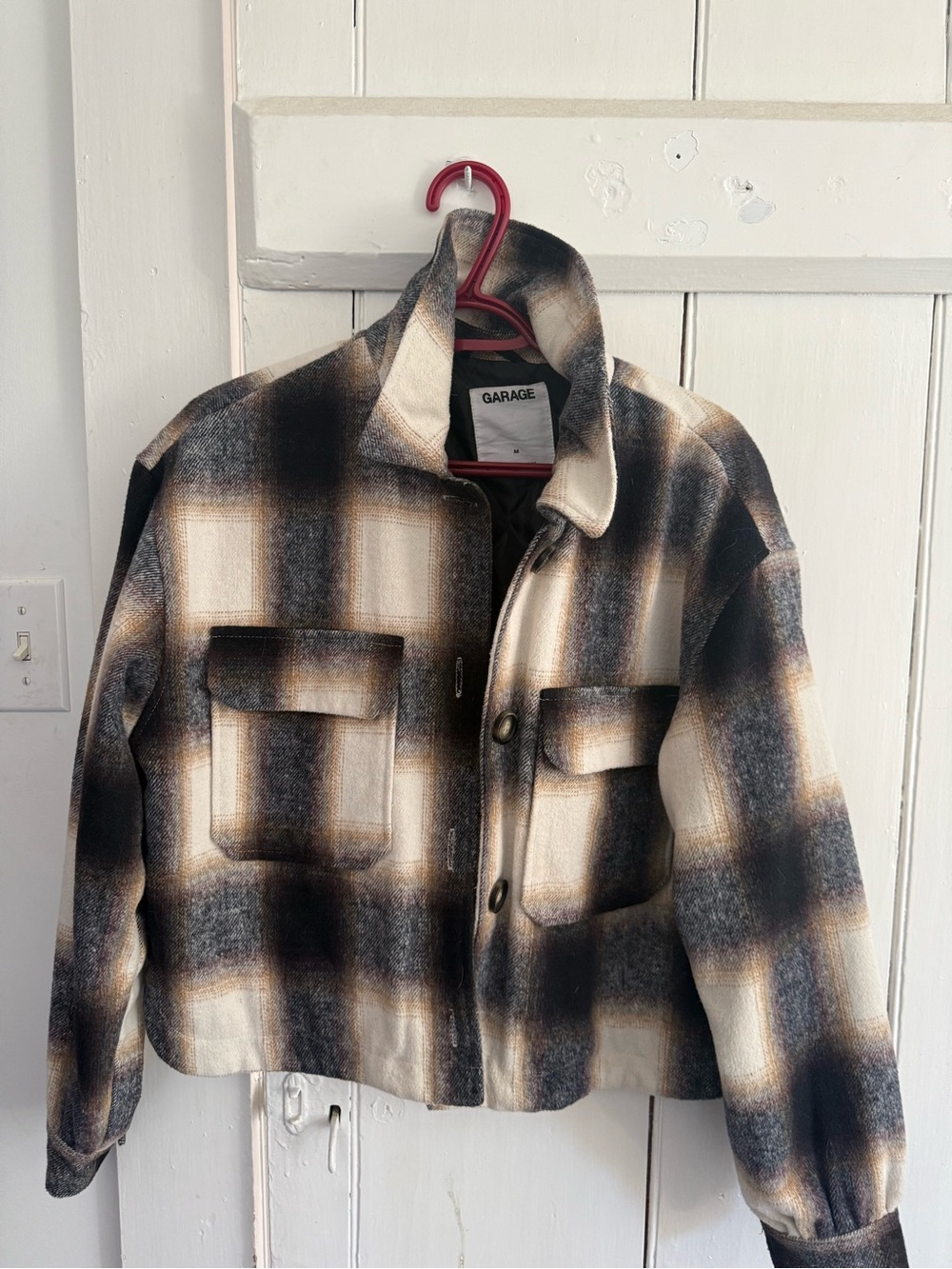 Garage Plaid Crop Shacket in Cream, Black and Brown